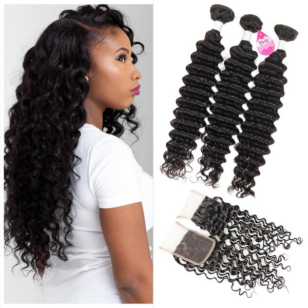 Brazilian Deep Wave Bundles with Closure 10A Brazilian Virgin Hair Wet and Wavy Human Hair Weave with Lace Closure Free Middle 3 Part