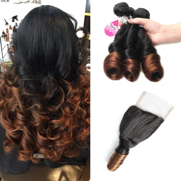 Mink Ombre Brazilian Ombre Spring Curl Hair Bundles 10A 2 Tone Ombre Virgin Human Hair Spring Curl with Free Part Lace Closure