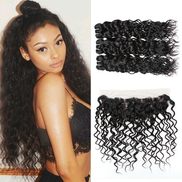 Brazilian Water Wave 3 Bundles With Lace Frontal Closure 8A Wet and Wavy Brazilian Virgin Hair Extensions Human Weave Hair Bundles