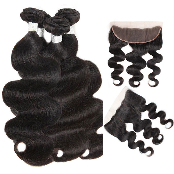 Brazilian Virgin Hair 10A Body Wave Weft 4 Bundles With Lace Frontal Closure Brazilian Ear to Ear Human Hair Body Wave Lace Frontal Closure