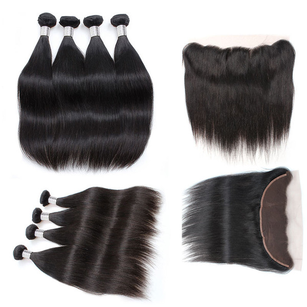 10A Brazilian Straight Human Hair Weaves With Full Lace Frontal Closure 4 Bundles with Frontal Straight Virgin Human Hair Bundles