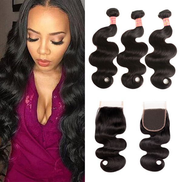 Brazilian Virgin Hair 3 Bundles With Closure 100% Unprocessed Peruvian Indian Malaysian Straight Body Wave Human Hair Weave