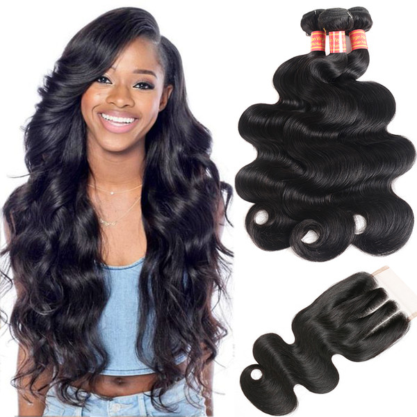 10A Brazilian Virgin Hair Body Wave 3 Bundles With Three Part Closure Natural Black Human Hair Extensions Brazilian Straight Hair Bundles