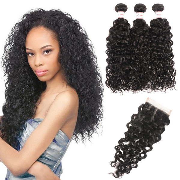 MSH Malaysian Water Wave 3 Bundles With Closure 10A Human Hair Weave Bundles Natural Black Brazilian Peruvian Indian Hair With Closure Cheap