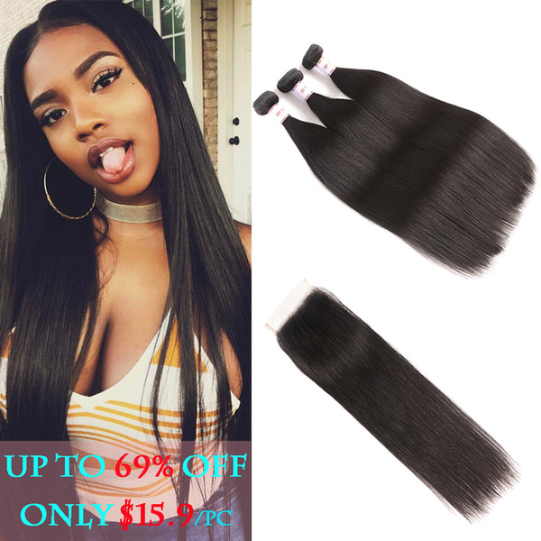 8A Peruvian Virgin Hair Straight 3 Bundles With Closure Natural Black Human Hair Extensions Peruvian Straight Bundles Free Middle Three Part