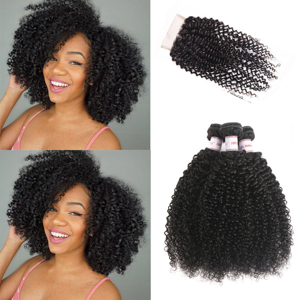 Indian Kinky Curly Hair 3 Bundles With Three Part Closure 100% Unprocessed Human Hair Weave Curly Hair Bundles With 4x4 Closure