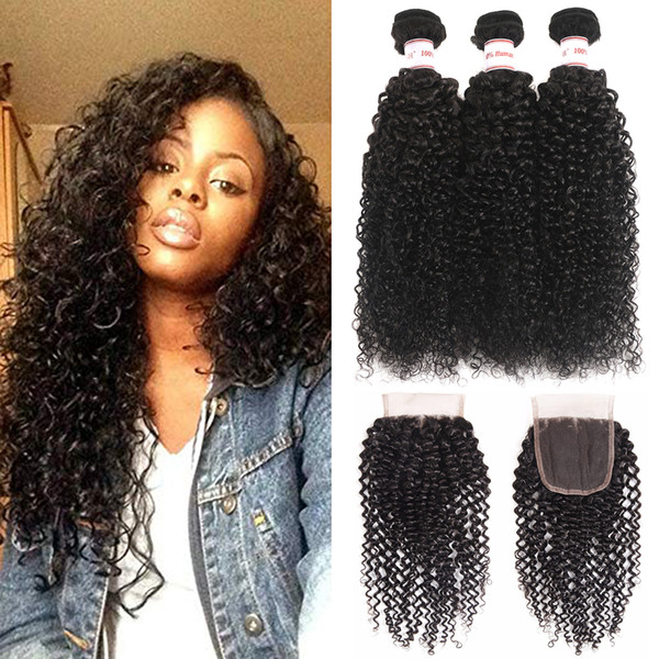 MSH 8A Brazilian Kinky Curly Virgin Hair 3 Bundles With Closure Unprocessed Human Hair Natural Black Peruvian Indian Malaysian Curly Hair