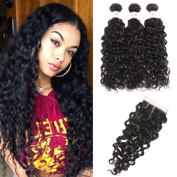 MSH 8A Brazilian Water Wave Virgin Hair 3 Bundles With Closure Unprocessed Human Hair Weave Natural Black Peruvian Indian Malaysian Hair