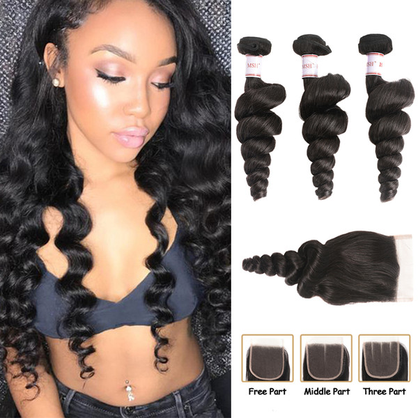 MSH 10A Malaysian Loose Wave Hair 3 Bundles With Closure Peruvian Brazilian Indian Hair Bundles With Closure Natural Black 