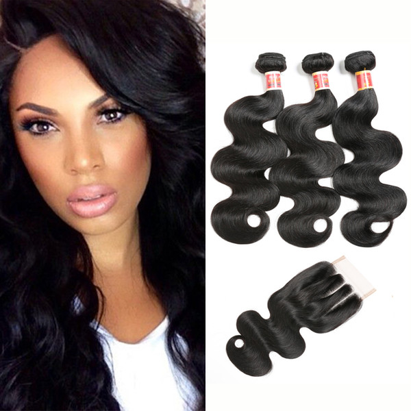 10A Peruvian Virgin Hair Body Wave 3 Bundles With Three Part Lace Closure Natural Black Human Hair Extensions Peruvian Body Wave Bundles