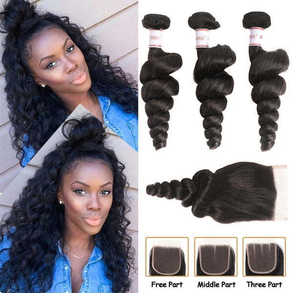 MSH 10A Brazilian Virgin Loose Wave Hair 3 Bundles With Closure Human Peruvian Indian Malaysian Hair Bundles With Closure Natural Black