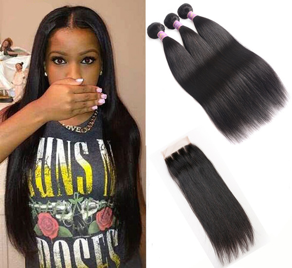 Peruvian Virgin Hair Straight 3 Bundles With Three Part Lace Closure Natural Black Human Hair Extensions Peruvian Straight Bundles