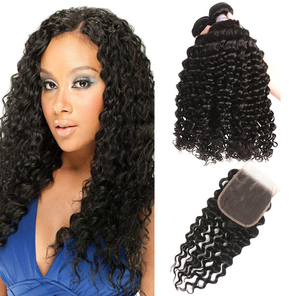 MSH 10A Peruvian Deep Wave Hair 3 Bundles With Closure Human Hair Weave Bundles Natural Black Brazilian Indian Malaysian Hair With Closure