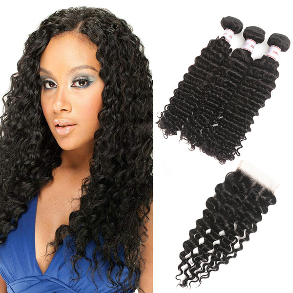 MSH 10A Brazilian Deep Wave Hair 3 Bundles With Closure Brazilian Virgin Hair With Lace Closure Natural Black Peruvian Malaysian Indian Hair
