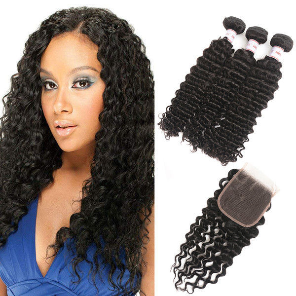 MSH 8A Peruvian Deep Wave Virgin Human Hair 3 Bundles With Closure Natural Black Brazilian Indian Malaysian Virgin Hair Bundles