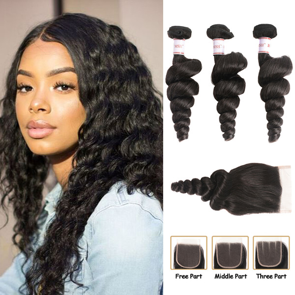 MSH 8A Brazilian Virgin Hair Loose Wave With Closure 100% Unprocessed Human Hair Weave 3 Bundles With Closure Peruvian Malaysian Indian Hair