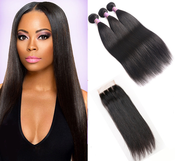 8A Peruvian Virgin Hair Straight 3 Bundles With Three Part Lace Closure Natural Black Human Hair Extensions Peruvian Straight Bundles