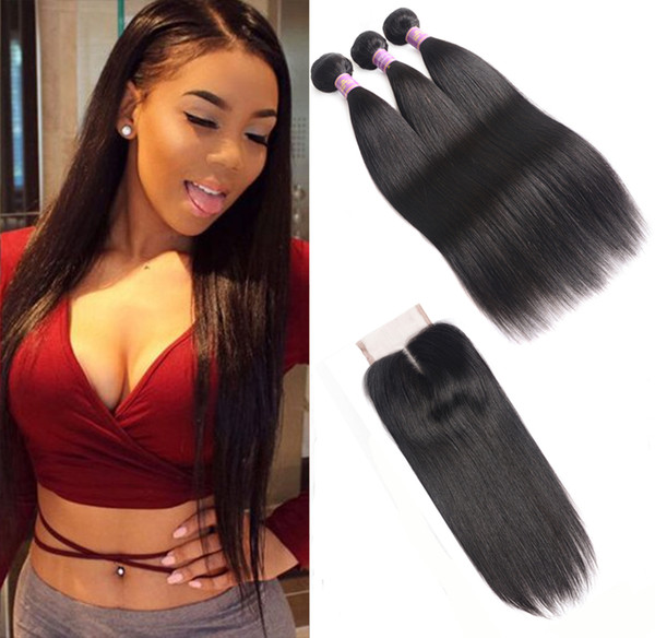 8A Peruvian Virgin Hair Straight 3 Bundles With Middle Part Lace Closure Natural Black Human Hair Extensions Peruvian Straight Bundles