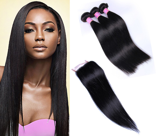 8A Peruvian Virgin Hair Straight 3 Bundles With Free Part Lace Closure Natural Black Human Hair Extensions Peruvian Straight Bundles