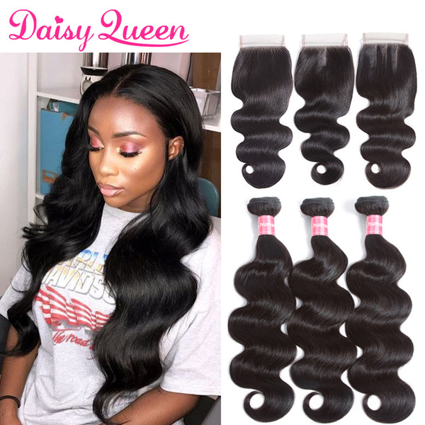 Grade 10A Body Wave Brazilian Hair Weave With Closure 3 Bundle With Lace Closure 4Pcs/Lot Virgin Human Hair Bundles With Lace Closure