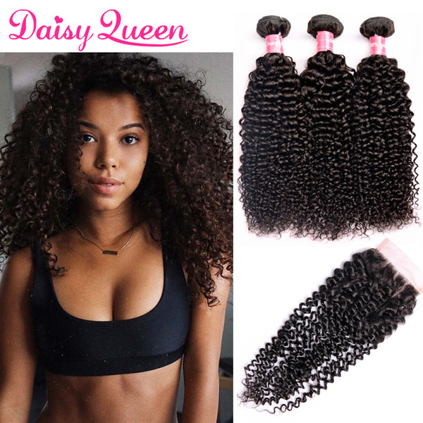 10A Cheap Brazilian 100% Human Hair Kinky Curly 3 Bundles With Closure Virgin Hair Extensions Natural Color Wholesale