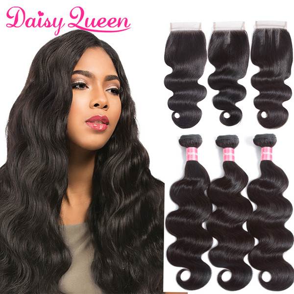 8A Brazilian Virgin Hair Body Wave With Closure 3 Bundles Brazilian Body Wave Hair With Lace Closure Wholesale Human Hair Weave Extensions