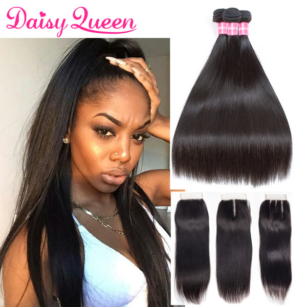 Grade 10A Peruvian Straight Hair Bundles With Closure 4x4 Natural Color 100% Human Hair Bundles With Lace Closure Unprocessed Hair