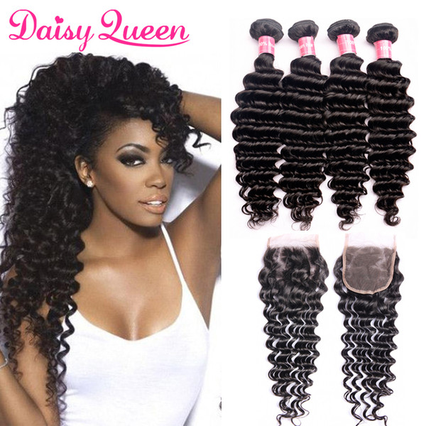 Deep Wave Brazilian Hair Bundles With Lace Closure 8A Unprocessed Human Hair Weave Extension Cheap Brazilian Virgin Hair 4 Bundles Wholesale