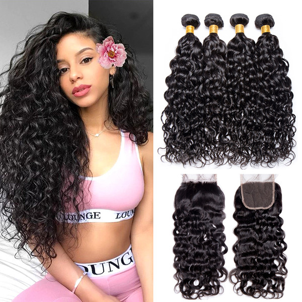 Cheap 8A Virgin Brazilian Water Wave With Closure Wet and Wavy Human Hair 4 Bundles With Closure Peruvian Malaysian Indian Natrual Wave Hair