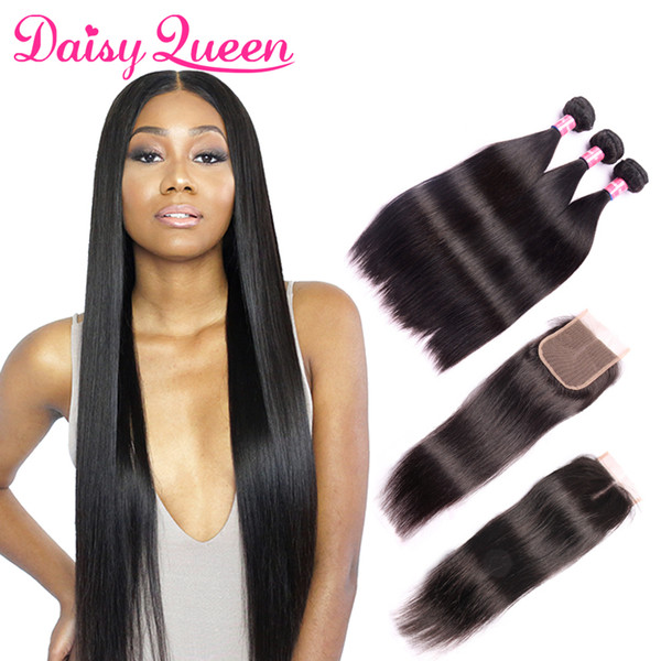 Top Lace Closure With 3 Bundles Brazilian Straight Virgin Human Hair Weaves Malaysian Indian Peruvian Hair Grade 8A Brazillian Hair Closures