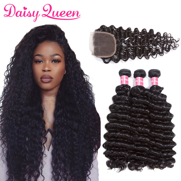 Deep Wave Brazilian Virgin Hair Bundles with Closure Brazilian Deep Wave With Closure Cheap Human Hair 3 Bundles With 4x4 Lace Closure