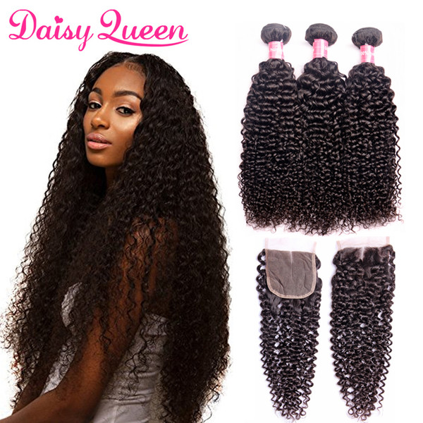 8A Brazilian Virgin Curly Weave Human Hair Weft 3 Bundles With Lace Closure Unprocessed Peruvian Indian Mongolian Malaysian Hair Extensions