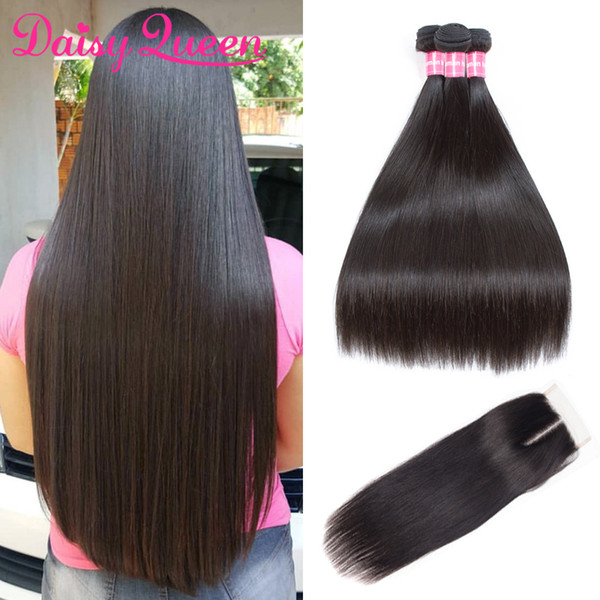 100% Human Hair Bundles With Closure 10A Mink Brazilian Straight Hair Weave 3 Bundles with Lace Closure Natural Color Virgin Hair Extensions