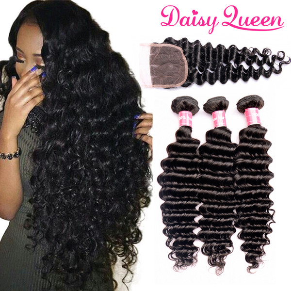 8A Remy Brazilian Deep Wave With Closure 3 Bundles With Lace Closure Mink Brazilian Virgin Hair With Closure Unprocessed Human Hair Weaves