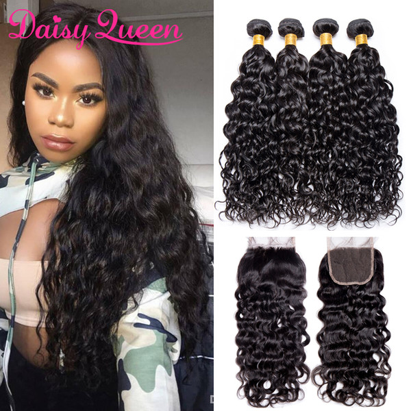 Wholesale Peruvian Water Wave Hair With Closure Cheap Wet Wavy Human Hair 3 Bundles With Lace Closure 8A Virgin Water Wave Extensions