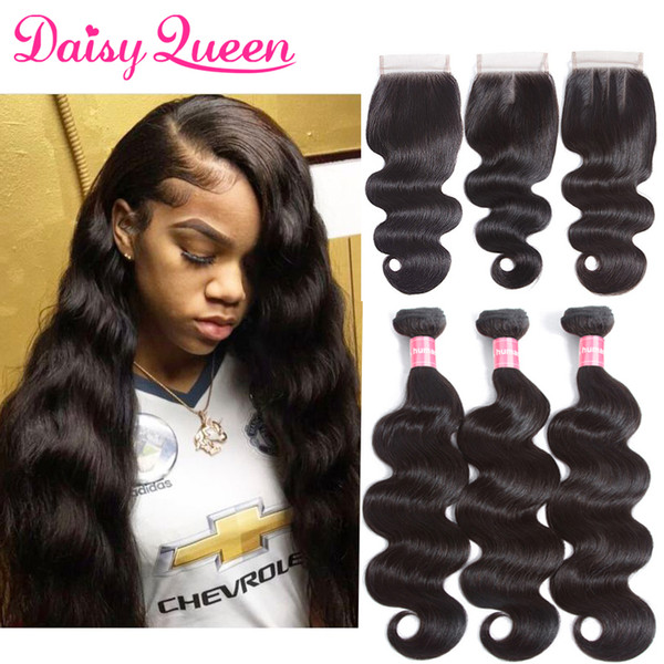 10A Brazilian Virgin Hair With Closure 3 Bundles Brazilian Body Wave Hair With 4x4 Lace Closure Unprocessed Remy Human Hair Extensions