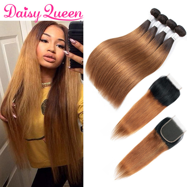 T1B/30 Straight Peruvian Virgin Hair Extension Brazilian Hair Weaves Malaysian Indian Human Hair Extensions 4 Bundles With Lace Closure