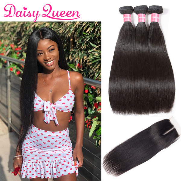 10A Cheap 100% Human Hair Bundles With Closure Brazilian Straight Hair Weave 3 Bundles With Closure Virgin Hair Extensions 