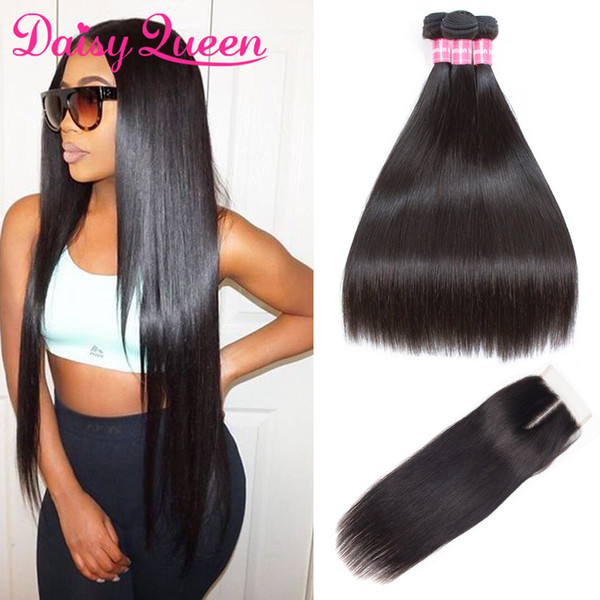 Peruvian Straight Hair Bundles With Closure 4x4 Natural Color 100% Human Hair Bundles With Lace Closure Virgin Hair 