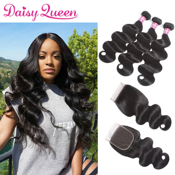 10A Brazilian Body Wave Virgin Hair Bundles With Closure 4PCS Human Hair Bundles With 4*4 Lace Closure Virgin Hair Extension Natural Color