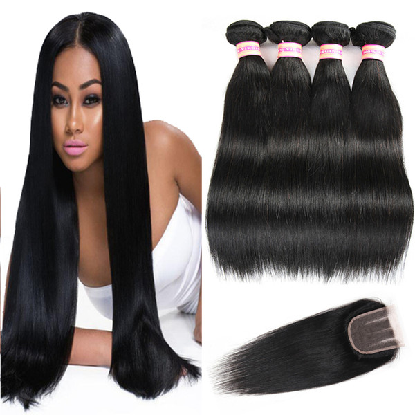 Indian Peruvian Malaysian Brazilian Straight Virgin Hair Bundles With Closures 9A Human Hair Bundles With Closure Human Hair Weave