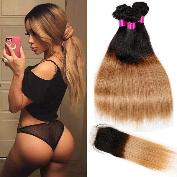 Peruvian Indian Malaysian Brazilian Virgin Straight Hair With Closure Ombre Hair Bundles With Closure 1B/27 Blonde Human Hair