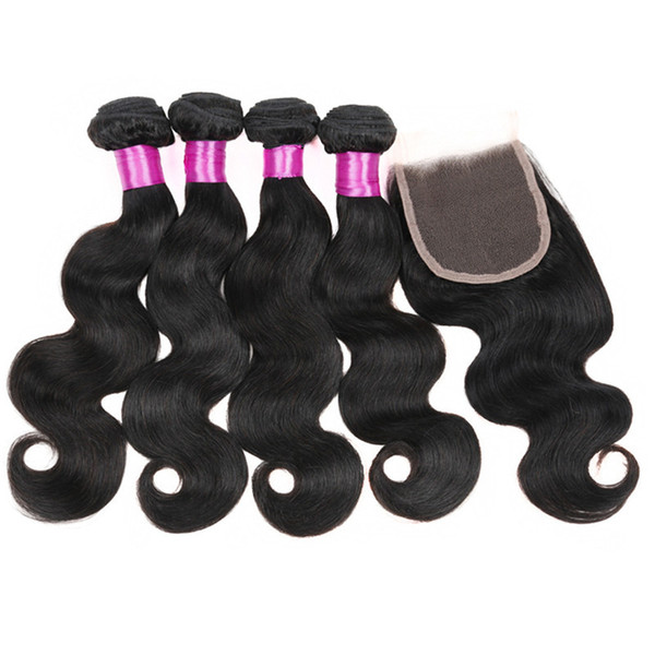 Peruvian Virgin Body Wave Hair Weaves Bundles With Closure Unprocessed Hair 4*4 Lace Closure Human Hair With Closure