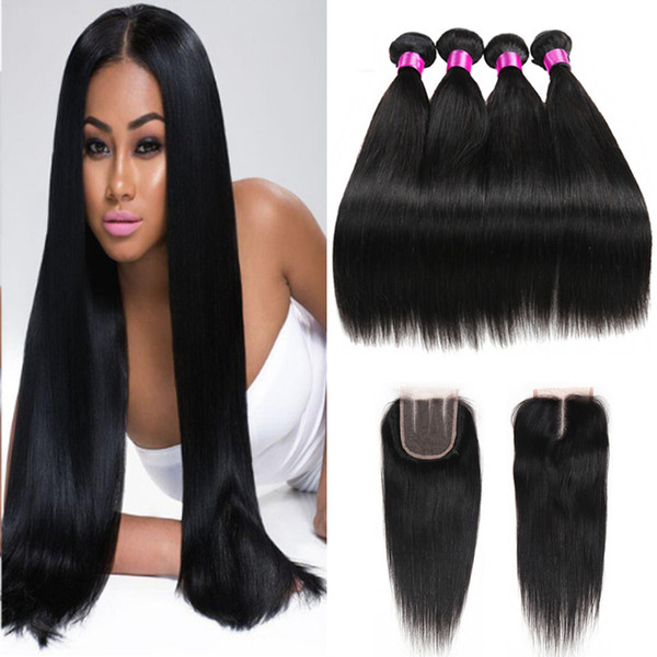 Malaysian Virgin Straight Hair With Closure Bundles With 4*4 Closure Hair Extensions Unprocessed Human Hair Lace Closure