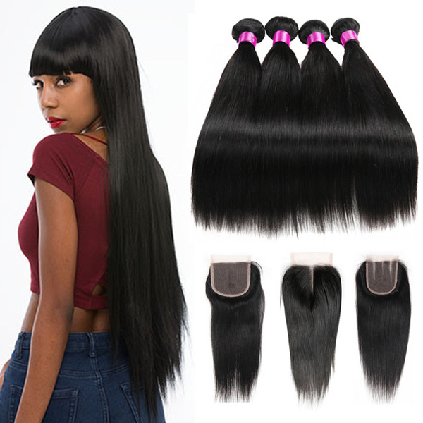 Siyusi Hair Products Human Hair Peruvian Indian Malaysian Brazilian Virgin Straight Hair 3 4 Bundles With Closure