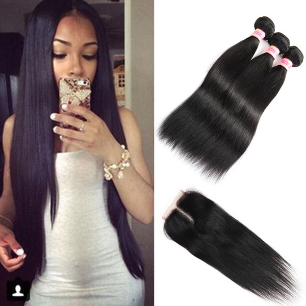 10A Unprocessed Malaysian Hair Bundles With Closure Malaysian Virgin Straight Hair Extensions Human Hair Bundle With Lace Closure