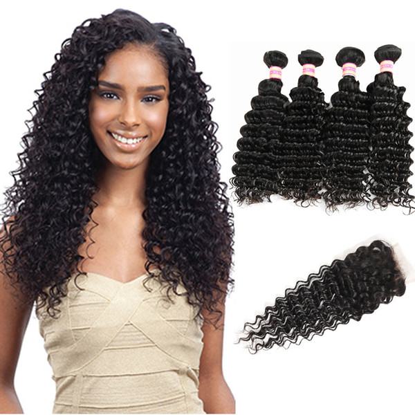 9A Peruvian Malaysian Indian Mongolian Brazilian Virgin Hair Bundles With Closure Deep Wave/Kinky Curly Human Hair With Lace Closure