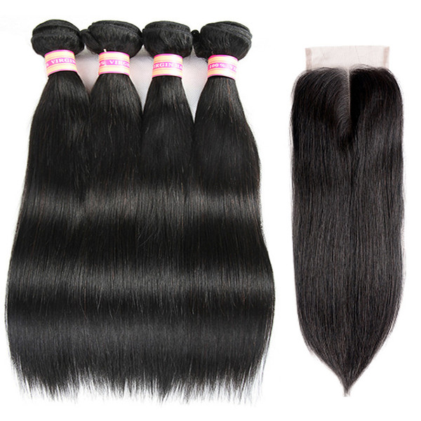 Brazilian Straight Hair With Closure Bundles With Closure Malaysian Indian Peruvian Virgin Human Hair Bundles With 4*4 Lace Closures