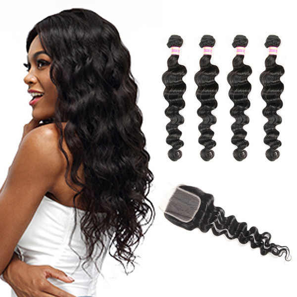 Mongolian Indian Brazilian Peruvian Malaysian Virgin Human Hair Loose Wave With Closure 3 OR 4 Bundles With Closure