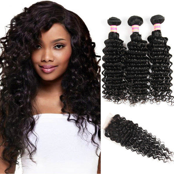 Unprocessed Deep Wave Peruvian Virgin Hair 3 4 Bundles With Closure Deep Wave Curly Human Hair Bundle With Lace Closure